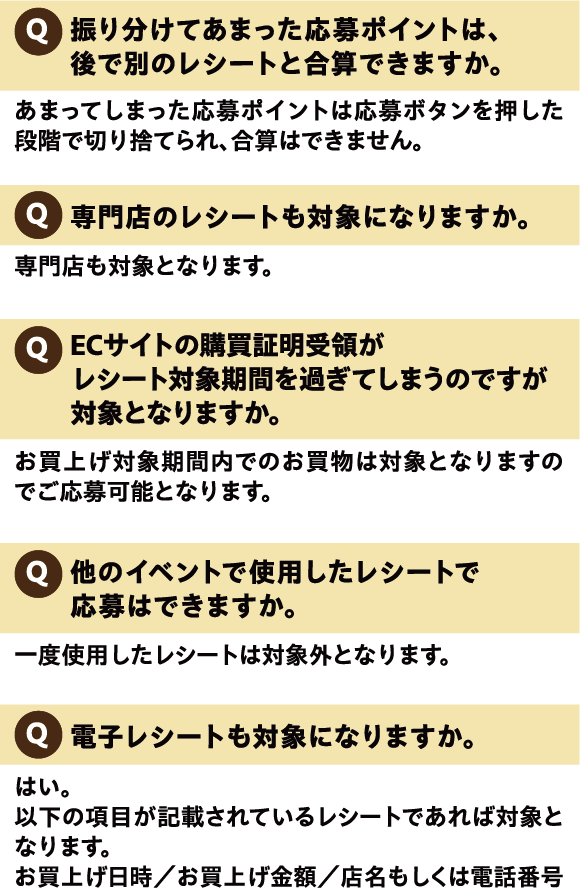 Q振り分けてあまった応募ポイントは、後で別のレシートと合算できますか。 あまってしまった応募ポイントは応募ポタンを押した段階で切り捨てられ、合算はできません。 Q専門店のレシートも対象になりますか。専門店も対象となります。 QECサイトの購買証明受領がレシート対象期間を過ぎてしまうのですが対象となりますか。お買上げ対象期間内でのお買物は対象となりますのでご応募可能となります。 Q他のイベントで使用したレシートで応募はできますか。一度使用したレシートは対象外となります。 Q電子レシートも対象になりますか。はい。以下の項目が記載されているレシートであれば対象となります。お買上げ日時/お買上げ金額/店名もしくは電話番号