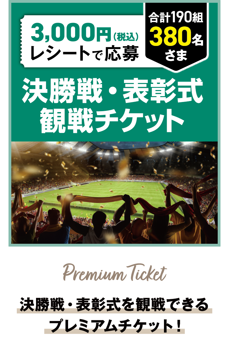 3,000円（税込）レシートで応募 合計190組380名さま 決勝戦・表彰式観戦チケット