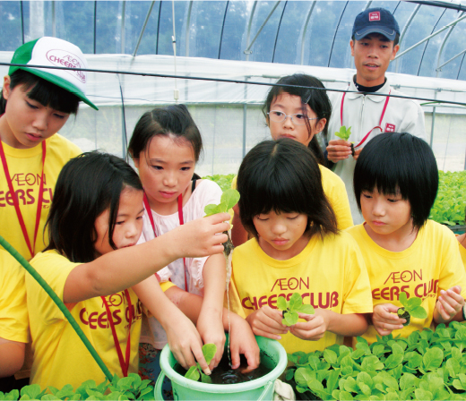 長く伸びたミニ白菜の根を観察する子どもたち