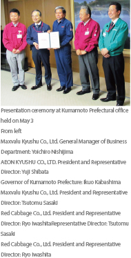 Presentation ceremony at Kumamoto Prefectural office held on May 3 From left Maxvalu Kyushu Co., Ltd. General Manager of Business Department: Yoichiro Nishijima AEON KYUSHU CO., LTD. President and Representative Director: Yuji Shibata Governor of Kumamoto Prefecture: Ikuo Kabashima Maxvalu Kyushu Co., Ltd. President and Representative Director: Tsutomu Sasaki Red Cabbage Co., Ltd. President and Representative Director: Ryo IwashitaRepresentative Director: Tsutomu Sasaki Red Cabbage Co., Ltd. President and Representative Director: Ryo Iwashita