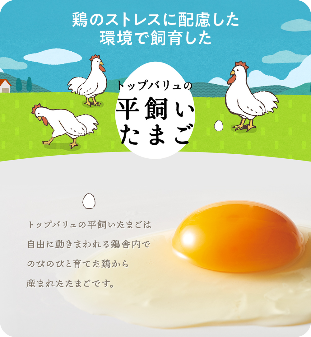 鶏のストレスに配慮した環境で飼育した トップバリュの平飼いたまご トップバリュの平飼いたまごは自由に動きまわれる鶏舎内でのびのびと育てた鶏から産まれたたまごです。