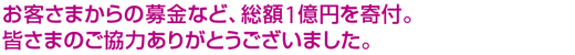 お客さまからの募金など、総額1億円を寄付。皆さまのご協力ありがとうございました。