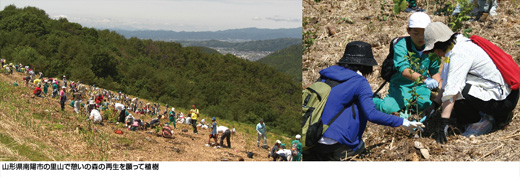 山形県南陽市の里山で憩いの森の再生を願って植樹