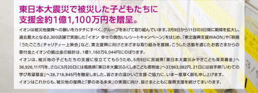 東日本大震災で被災した子どもたちに支援金約1億1,100万円を贈呈。イオンは被災地復興への願いをカタチにすべく、グループをあげて取り組んでいます。3月9日から11日の3日間に期間を拡大し、過去最大となる2,300店舗で実施した「イオン 幸せの黄色いレシートキャンペーン」をはじめ、「東北復興支援WAON」や「映画『うたごころ』チャリティー上映会」など、東北復興に向けさまざまな取り組みを展開。こうした活動を通じたお客さまからの寄付金とイオンの拠出金の総計は、1億1,160万6,044円にのぼります。イオンは、被災地の子どもたちの支援に役立ててもらうため、5月9日に宮城県「東日本大震災みやぎこども育英募金」へ36,926,117円を、さらに5月20日には福島県「東日本大震災ふくしまこども寄附金」へ37,963,082円、21日には岩手県「いわての学び希望基金」へ36,716,845円を贈呈しました。皆さまの温かいご支援・ご協力に、いま一度厚く御礼申し上げます。イオンはこれからも、被災地の復興と「夢のある未来」の実現に向け、皆さまとともに復興支援を続けてまいります。