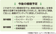 今後の植樹予定 これまでイオン環境財団では、植樹活動を通じ、生物多様性の宝庫である森を育んできました。皆さまもご家族、ご友人と、植樹ボランティアに参加してみませんか。海外植樹:■カンボジア・プノンペン 6月27日(土) ■ミャンマー・ヤンゴン 7月18日(土) ■ベトナム・ハノイ 2016年3月19日(土) 国内植樹:■千葉県浦安市 11月14日(土) ■宮崎県綾町 11月21日(土) ※詳細は下記ホームページをご覧ください。