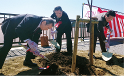 同公園での記念植樹。岡崎商工会議所会頭 古澤武雄氏［写真左］、(公財)イオン環境財団 理事長 岡田卓也［写真中］、岡崎市長 内田康宏氏［写真右］