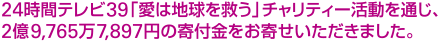 24時間テレビ39「愛は地球を救う」チャリティー活動を通じ、2億9,765万7,897円の寄付金をお寄せいただきました。