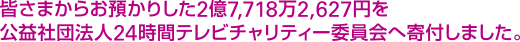 皆さまからお預かりした2億7,718万2,627円を公益社団法人24時間テレビチャリティー委員会へ寄付しました。