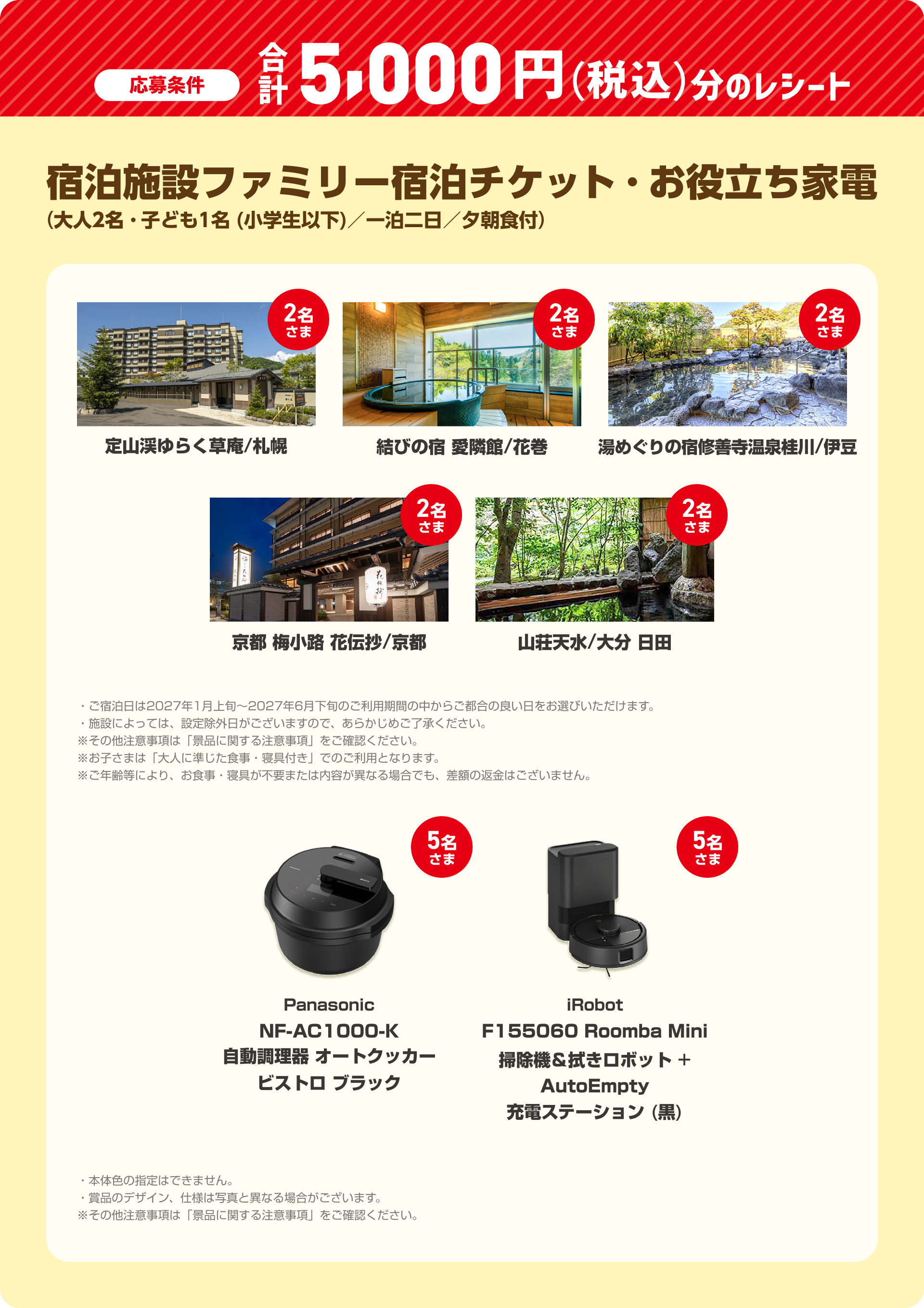 応募条件 合計5,000円(税込)分のレシート 宿泊施設ファミリー宿泊チケット・お役立ち家電(大人2名・子ども1名 (小学生以下)／一泊二日／夕朝食付) 定山渓ゆらく草庵/札幌（2名さま）結びの宿 愛隣館/花巻（2名さま）湯めぐりの宿修善寺温泉桂川/伊豆（2名さま）京都 梅小路 花伝抄/京都（2名さま）山荘天水/大分 日田（2名さま）※お子さまは「大人に準じた食事・寝具付き」でのご利用となります。・ご宿泊日は2027年1月上旬～2027年6月下旬のご利用期間の中からご都合の良い日をお選びいただけます。・施設によっては、設定除外日がございますので、あらかじめご了承ください。※その他注意事項は「景品に関する注意事項」をご確認ください。※お子さまは「大人に準じた食事・寝具付き」でのご利用となります。※ご年齢等により、お食事・寝具が不要または内容が異なる場合でも、差額の返金はございません。Panasonic NF-AC1000-K 自動調理器 オートクッカー ビストロ ブラック（5名さま）iRobot F155060 Roomba Mini 掃除機&拭きロボット + AutoEmpty 充電ステーション (黒)（5名さま）・本体色の指定はできません。・賞品のデザイン、仕様は写真と異なる場合がございます。※その他注意事項は「景品に関する注意事項」をご確認ください。