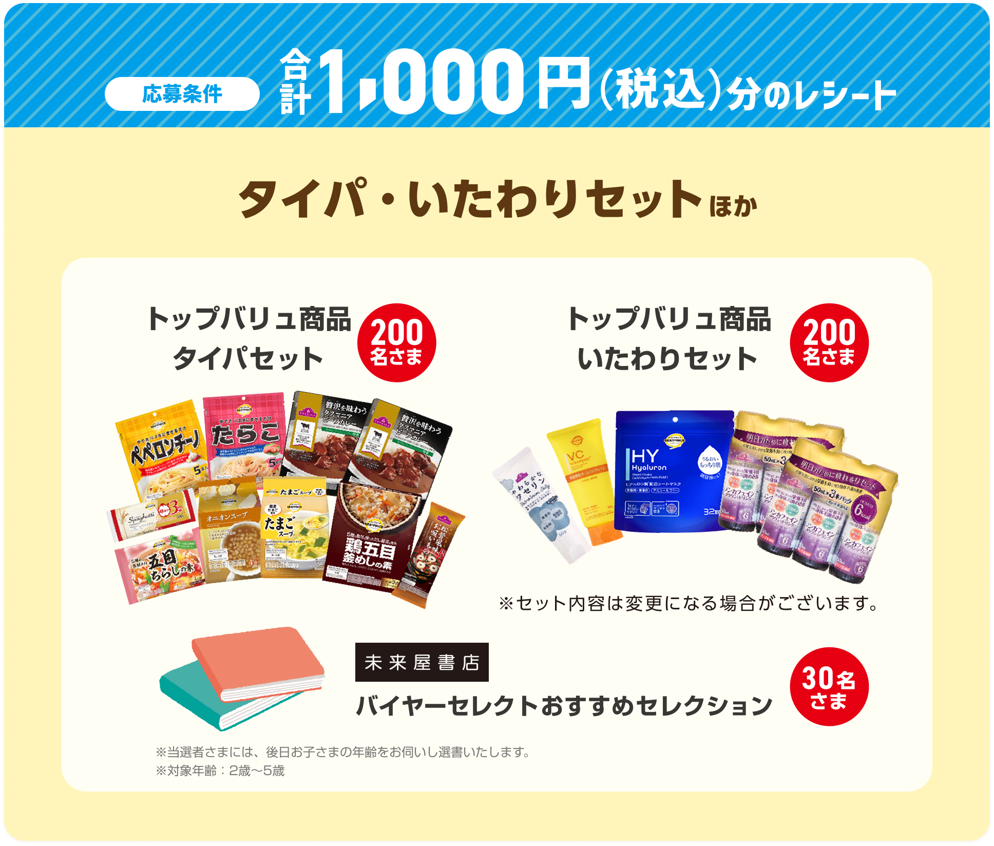 応募条件 合計1,000円（税込）分のレシート タイパ・いたわりセットほか トップバリュ商品タイパセット（200名さま） トップバリュ商品いたわりセット（200名さま）※セット内容は変更になる場合がございます。 未来屋書店 バイヤーセレクトおすすめセレクション（30名さま）※当選者さまには、後日お子さまの年齢をお伺いし選書いたします。※対象年齢：2歳〜5歳