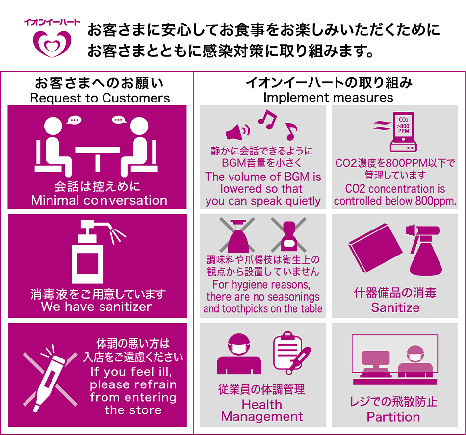 お客さまに安心してお食事をお楽しみいただくためにお客さまとともに感染対策に取り組みます。